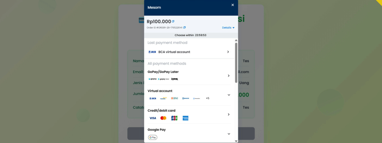 Ecommerce checkout screen showing multiple payment gateway options including virtual accounts, cards and digital wallets.