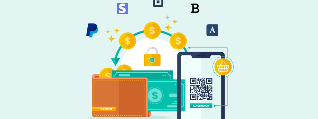 ecommerce payment gateway flow showing wallet, QR code payment, transaction security, cashback, and digital checkout process.