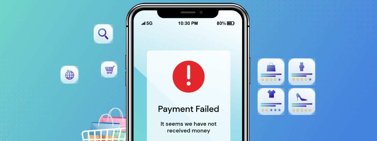 Mobile ecommerce checkout screen showing a payment failed error, highlighting transaction decline during online purchase.