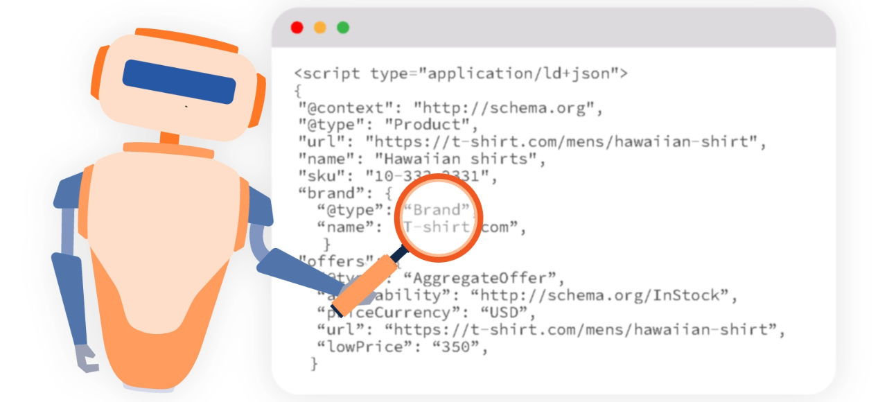 "Schema markup example showing JSON-LD product data used for structured data SEO.