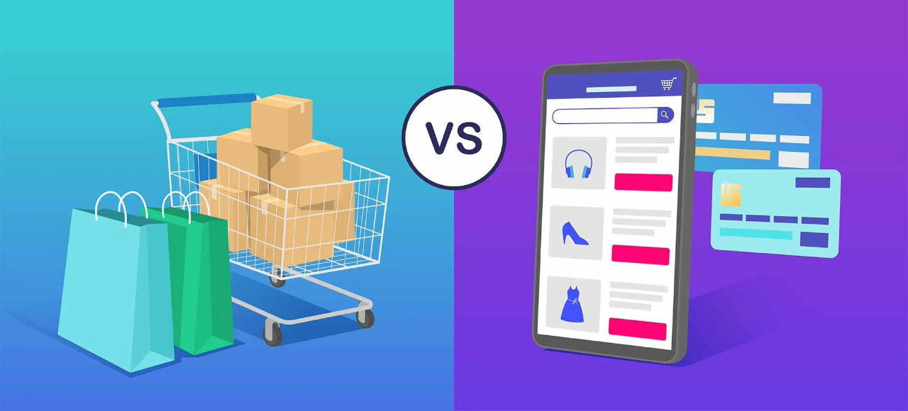 Illustration comparing physical shopping carts with online checkout to highlight cart abandonment behavior.