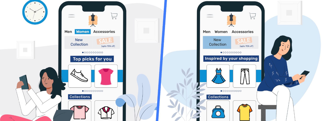 Personalized product recommendations shown on mobile based on customer browsing behavior.