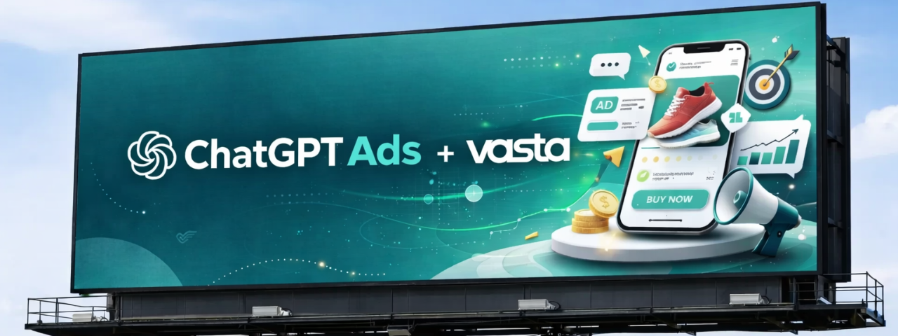 Billboard showing "ChatGPT Ads + Vasta" with visuals of mobile ads, coins, and graphs representing e-commerce marketing.
