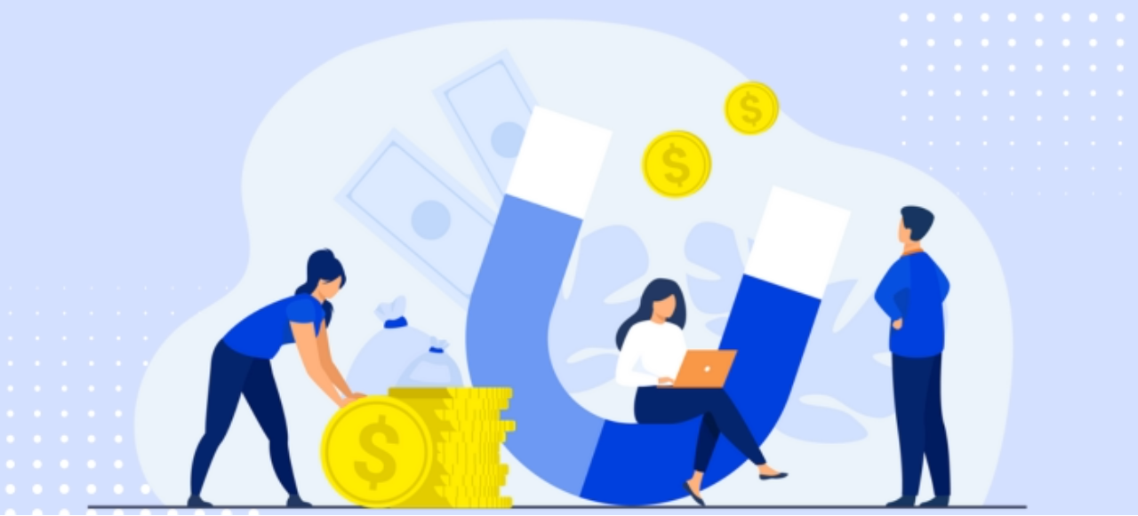 Illustration of magnet attracting coins symbolizing content reducing customer acquisition cost.