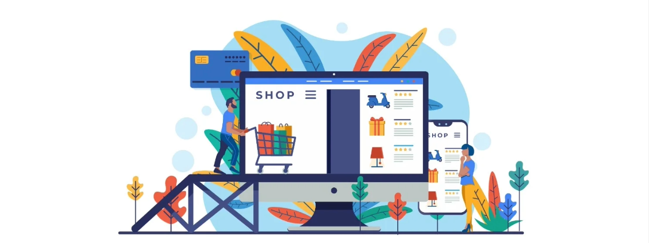 Illustration of an online store product page showing desktop and mobile shopping experience.