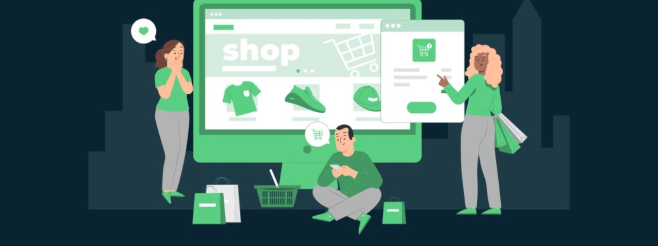 Illustration of an online store interface with shopping cart representing ecommerce CMS and digital storefront management.
