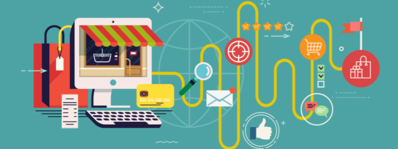 Illustration of the ecommerce buyer journey showing decision process, trust signals, and conversion path on a landing page.
