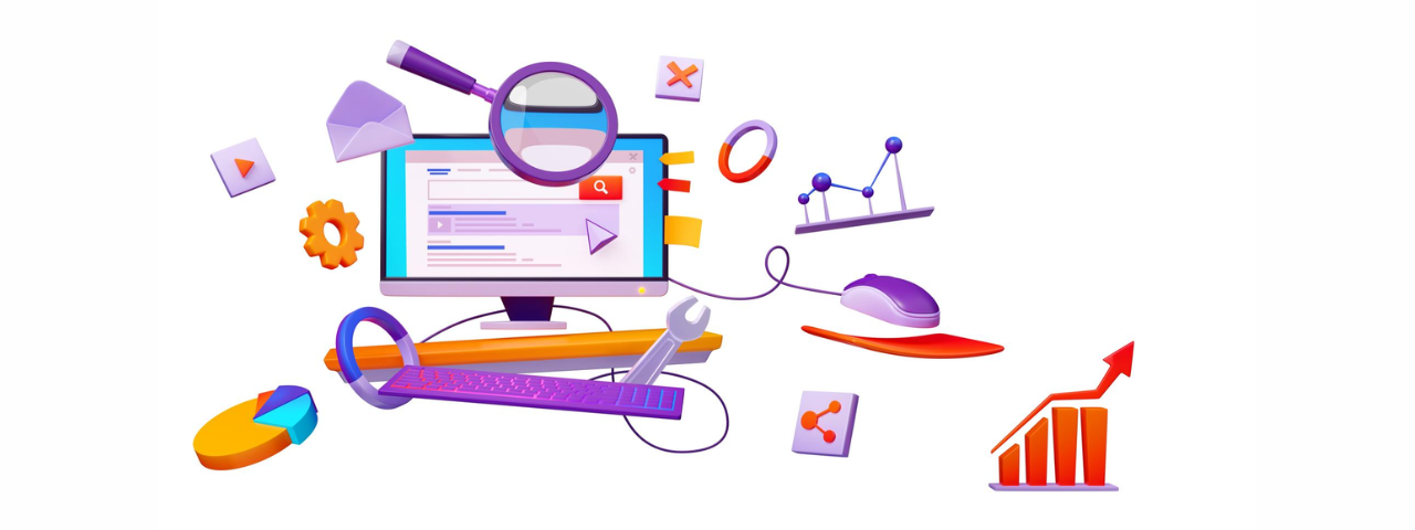 A desktop with various SEO-related icons and tools, symbolizing the transformation from random content to structured SEO.
