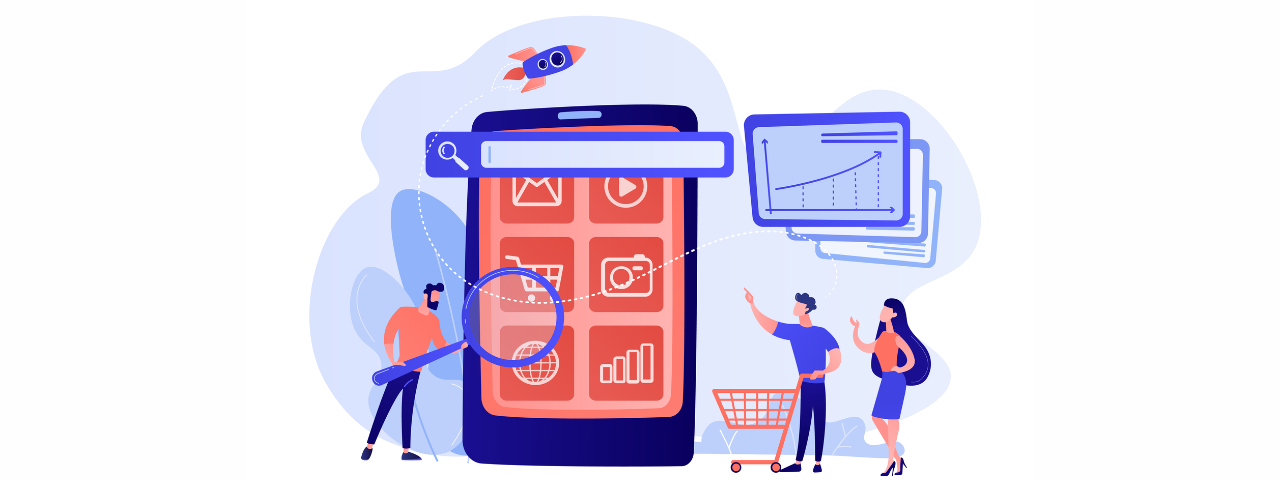 People interacting with a mobile device and data graphs, symbolizing the use of keywords for e-commerce growth.