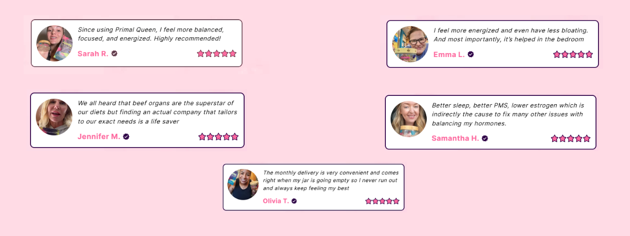 Customer testimonials with star ratings for Primal Queen, highlighting real user experiences and product benefits