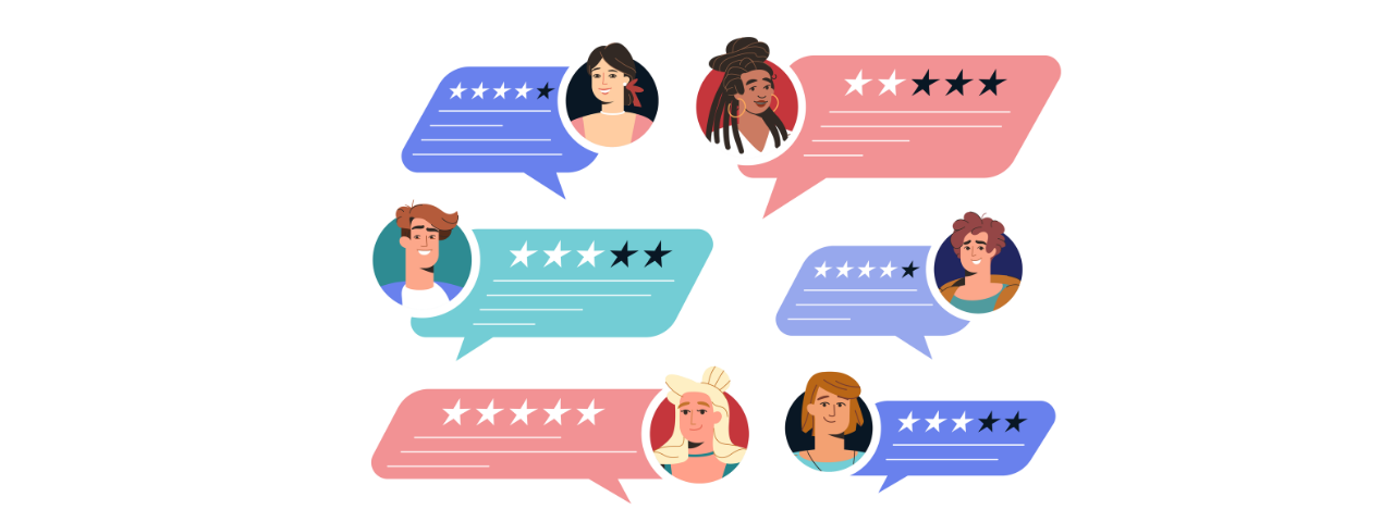 Customer avatars with star ratings in speech bubbles, representing real testimonials and social proof for ecommerce trust