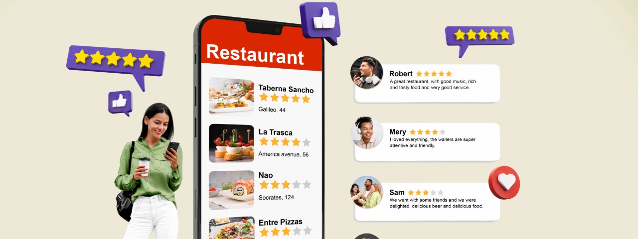 Mobile app with restaurant reviews, star ratings, and user feedback, showing testimonials that build trust and engagement