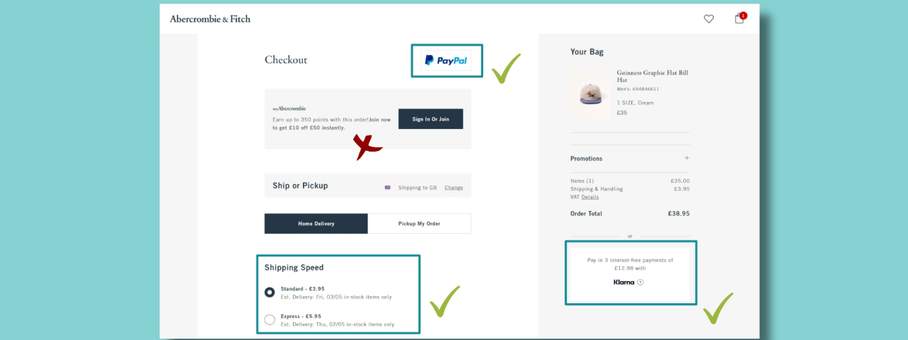 Checkout page showing shipping options, PayPal, Klarna payment, and clear pricing for a seamless online shopping experience.