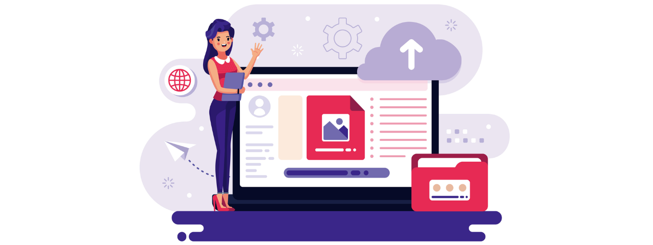 Illustration of image optimization, showing upload, settings, and improvements for SEO and page speed.