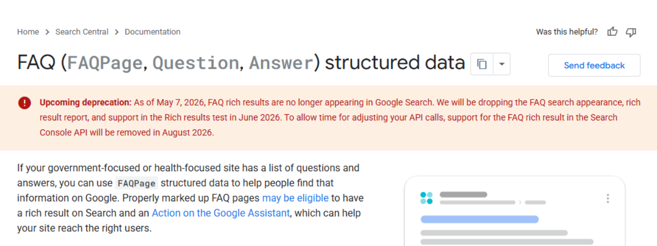 Google Search Central notice announcing the deprecation of FAQ rich results in Search.