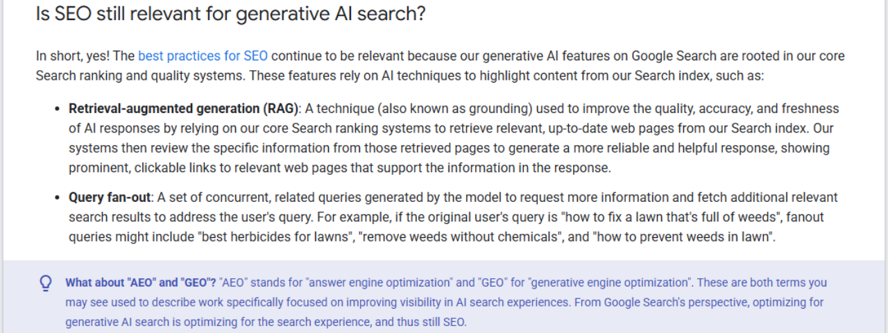 Screenshot of Google’s AI optimization guide explaining that GEO and AEO are still part of SEO.