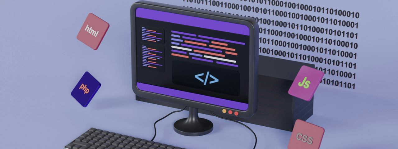 3D illustration of code on a computer screen representing technical SEO and AI search visibility.