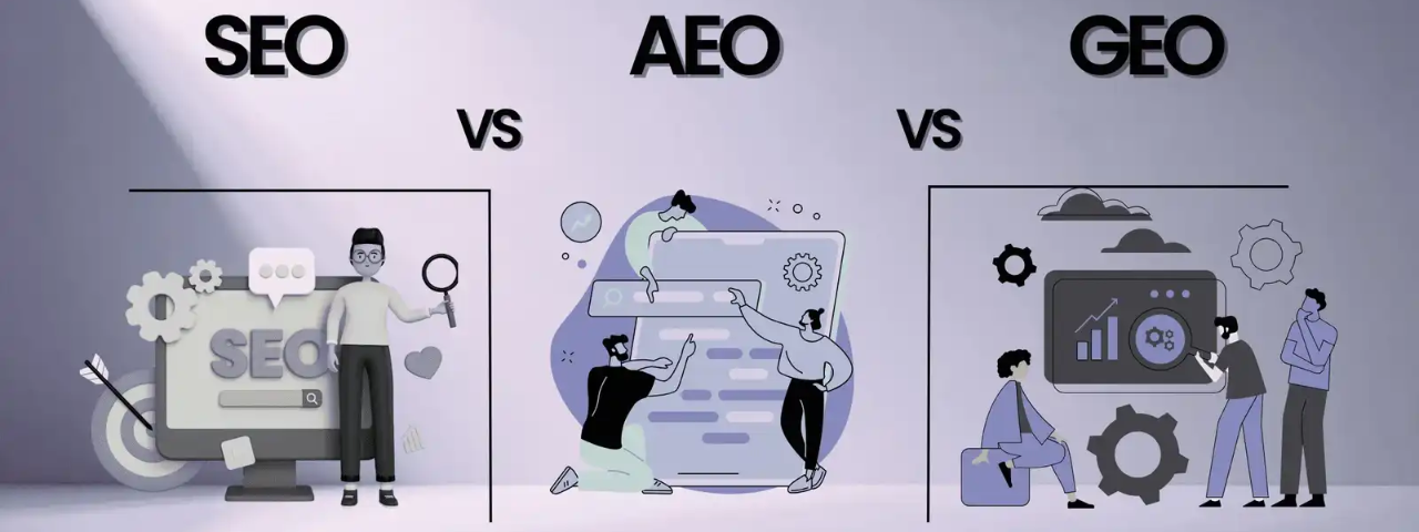 Illustration comparing SEO, AEO, and GEO as different approaches to search visibility and AI search optimization.