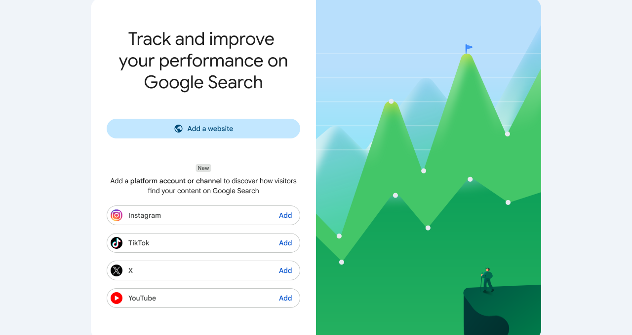 Google Search Console Platform Properties showing Instagram, TikTok, X and YouTube account connections.