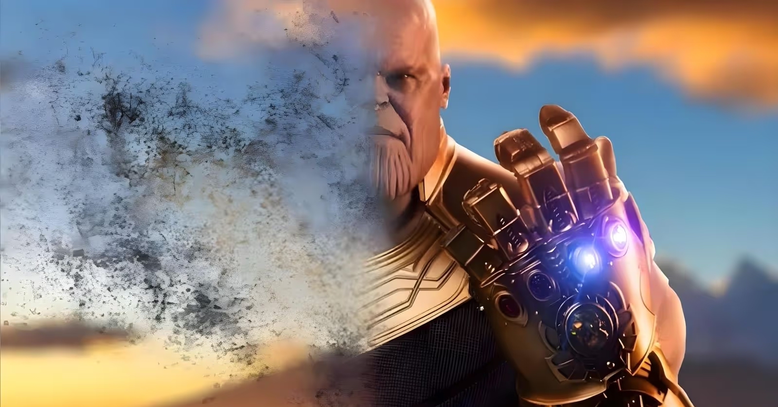 Thanos disintegrating, symbolizing the slow demise of traditional Software giants as AI-native software, called Agents, rise in prominence to replace them.