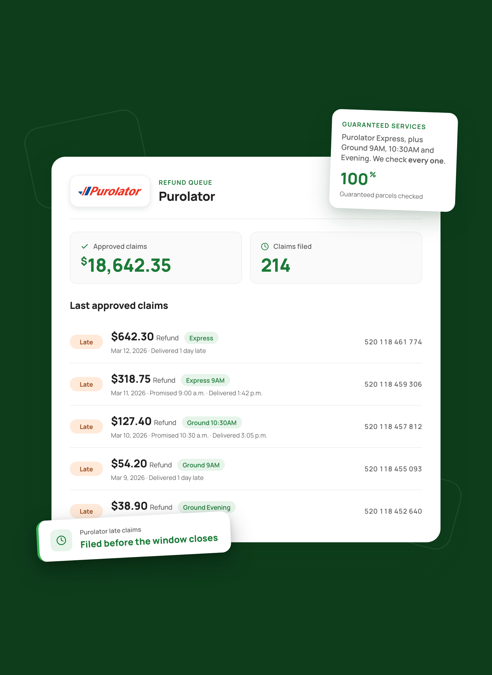 Refund queue dashboard filtered to Purolator