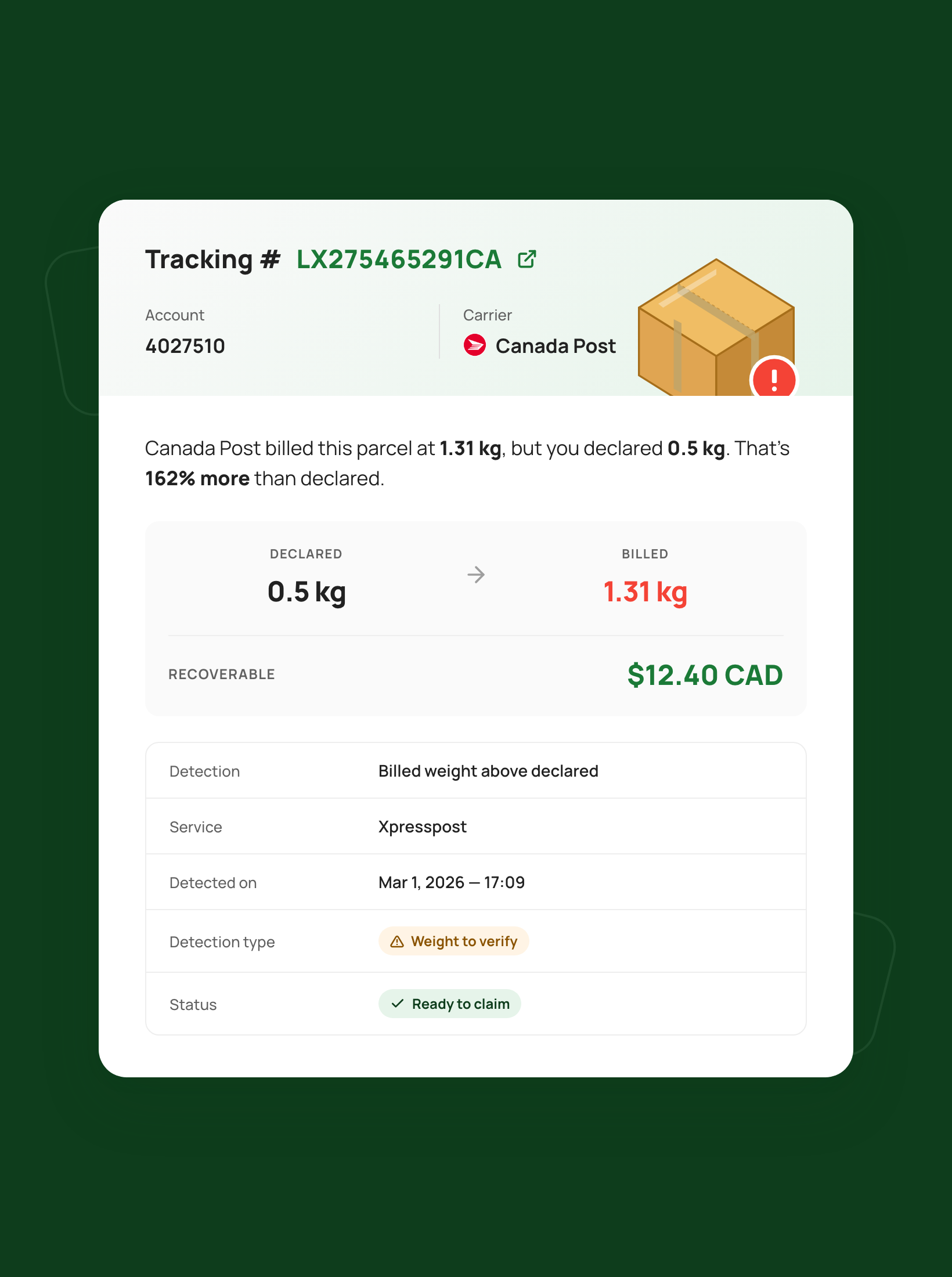 Invoice audit screen showing a billed weight flagged to verify
