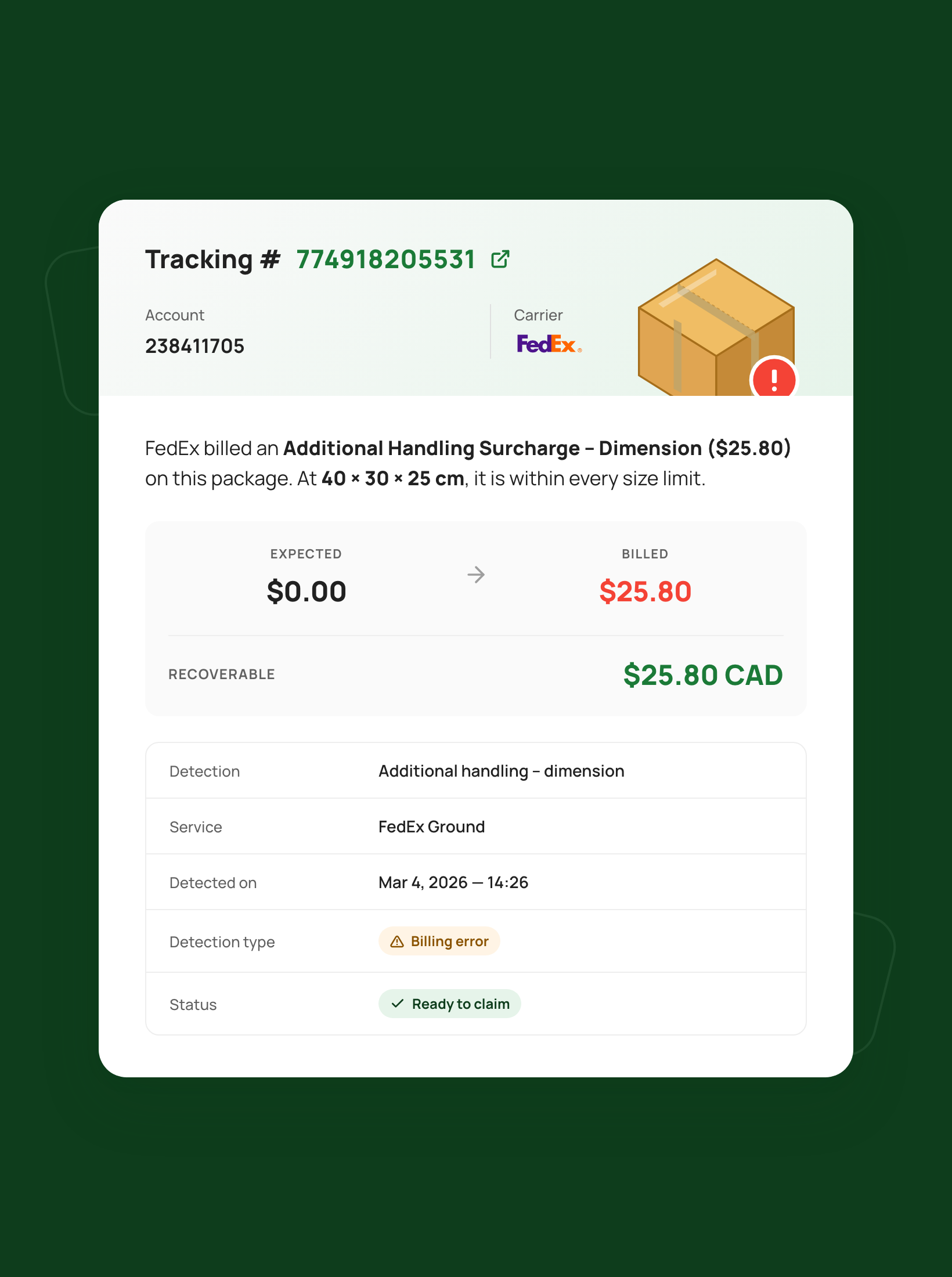 Invoice audit screen showing a FedEx billing error flagged