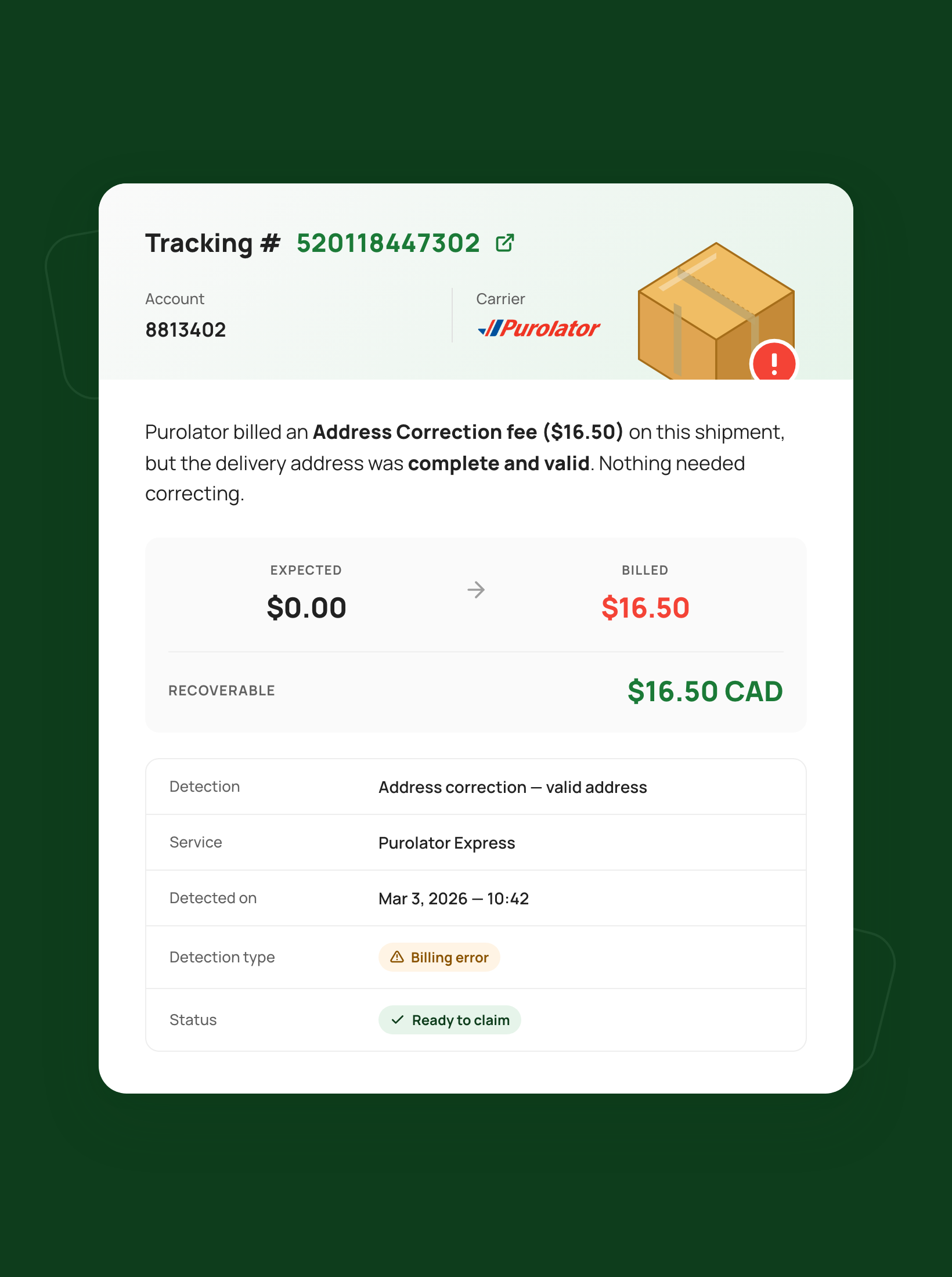 Invoice audit screen showing a Purolator address correction fee flagged