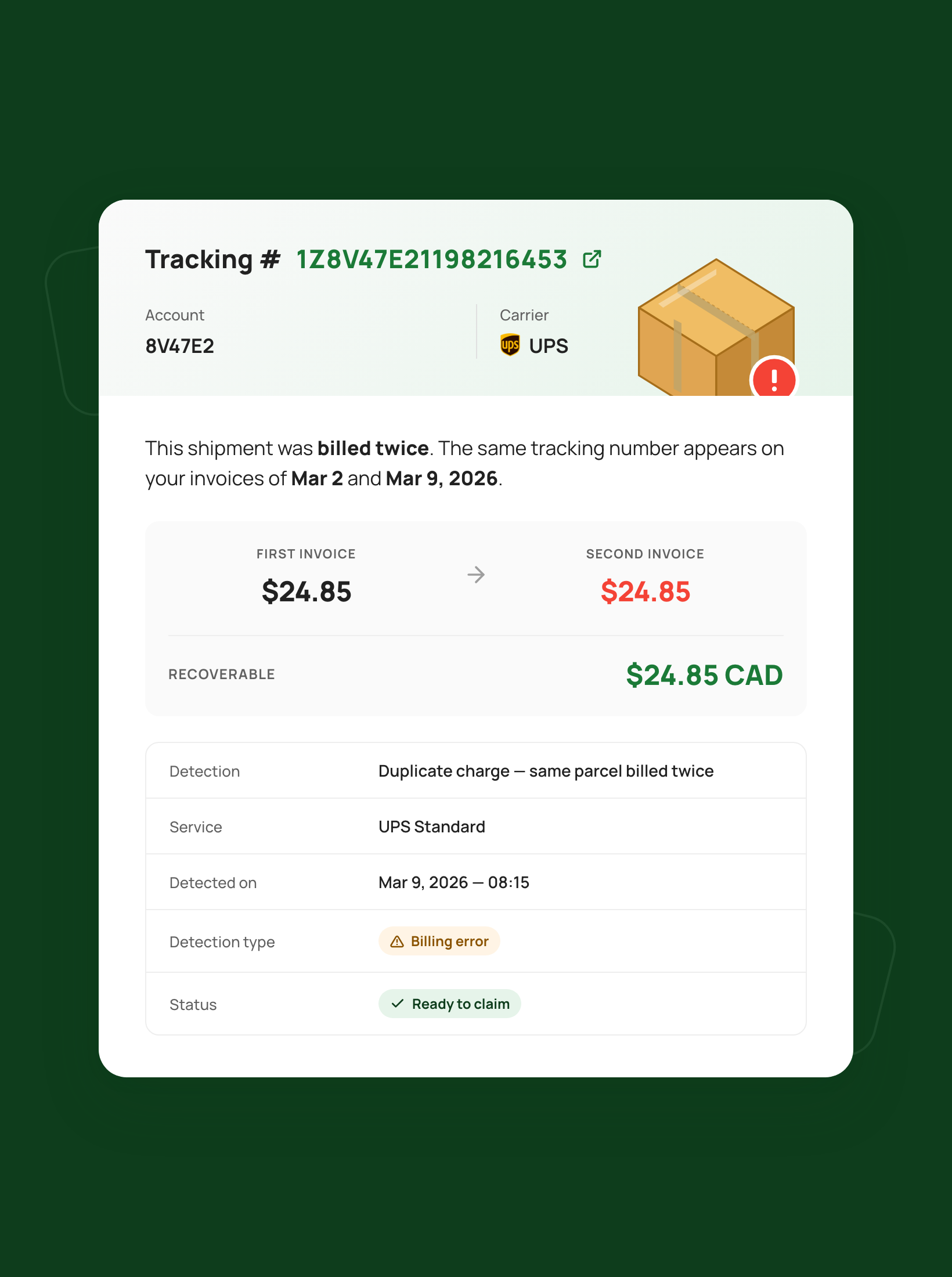 Invoice audit screen showing a duplicate UPS charge flagged