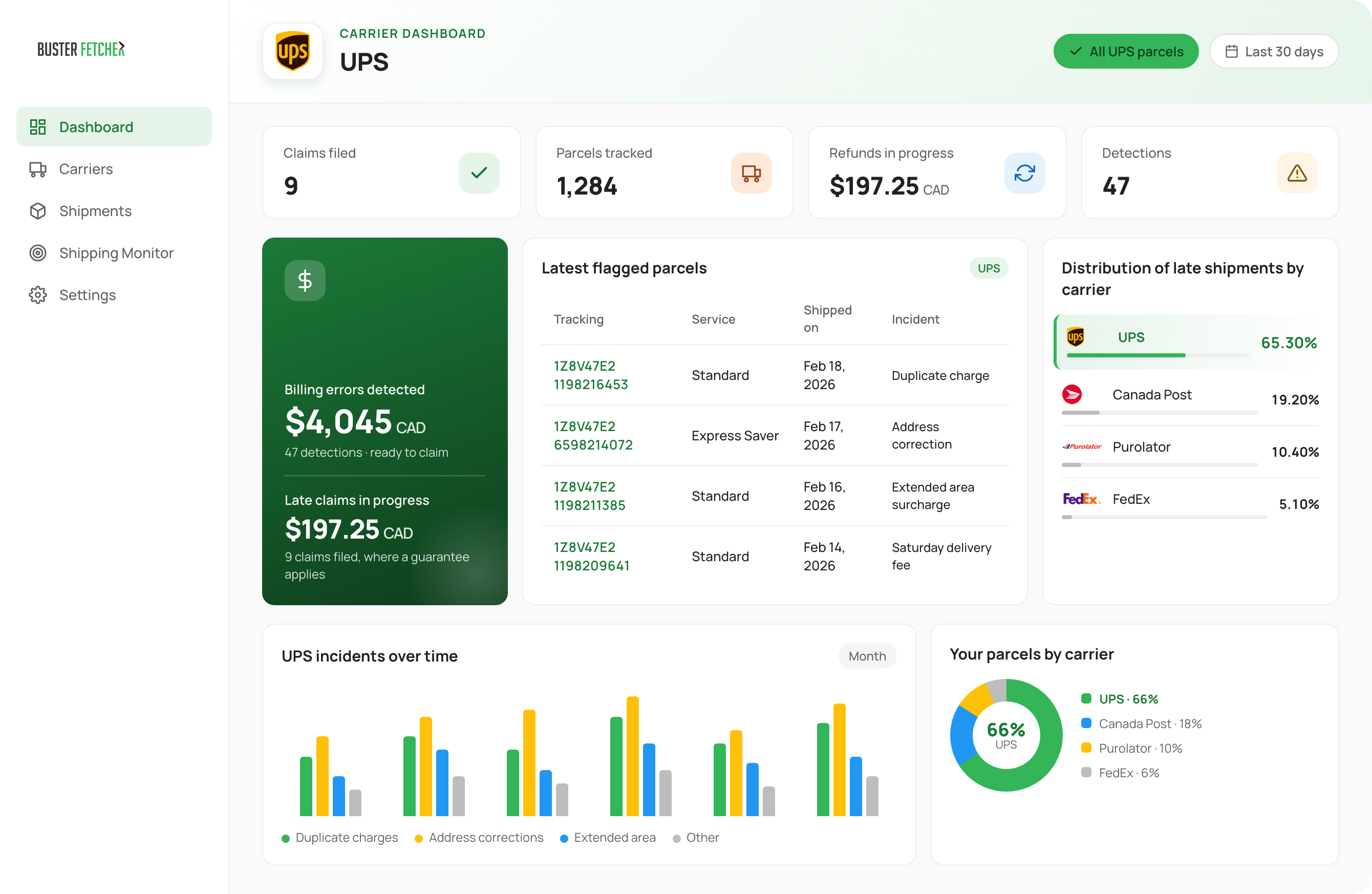 Buster Fetcher dashboard showing UPS monitoring view