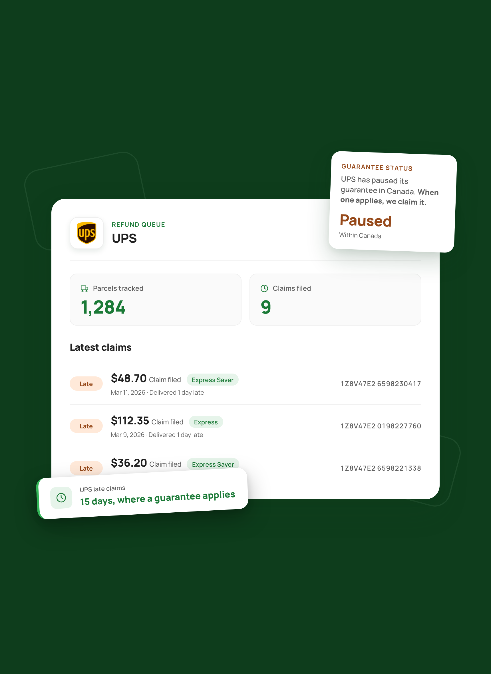 Refund queue dashboard filtered to UPS