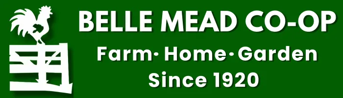 Logo for Belle Mead Co-Op featuring a rooster and text: "Farm • Home • Garden Since 1920" on a green background.
