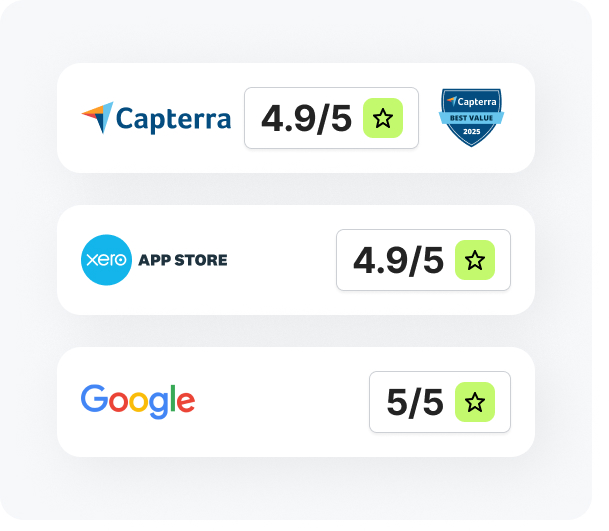 Capterra rating 4.9 with Best Value 2025 badge, Workhorse logo, Xero App Store rating 4.9