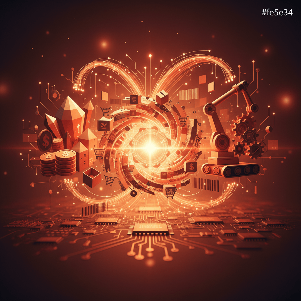 An abstract representation of various industries like finance, e-commerce, and manufacturing, interconnected by flowing lines of glowing data, illustrating a technological revolution.