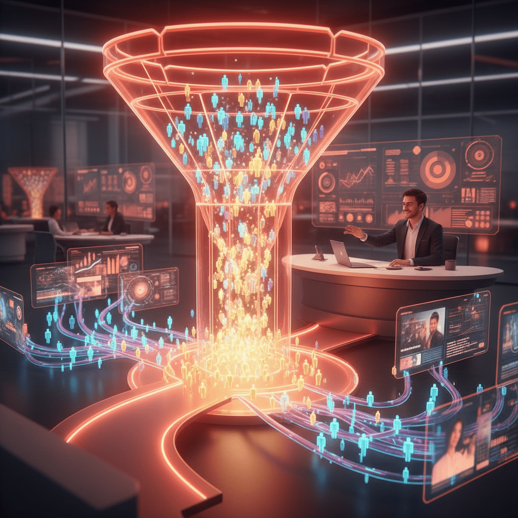 A transparent digital funnel sorting glowing customer icons. High-value icons are directed towards a salesperson while others receive automated-looking content streams.