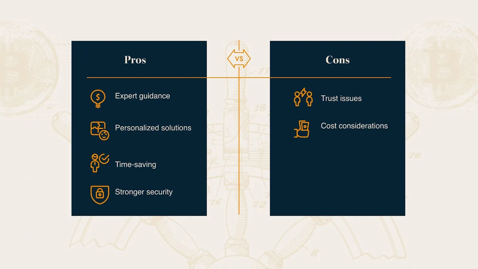 The pros and cons of hiring a Bitcoin consultant, shown in a comparison table