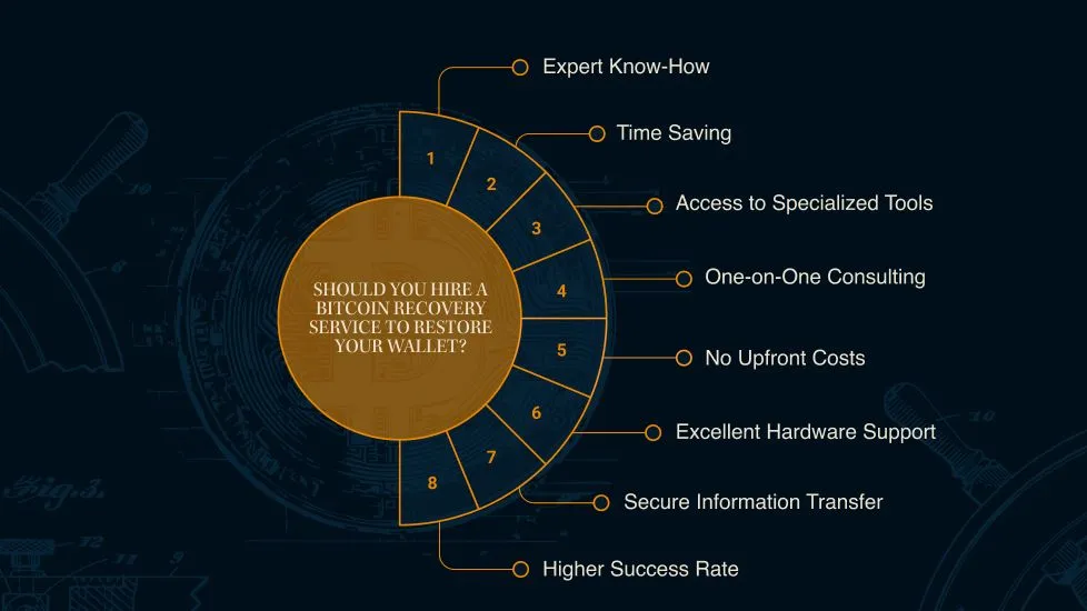 The many reasons you should hire a Bitcoin consultancy for help with wallet recovery; Expert know-how, Time saving, Access to specialised tools, One on one consulting, no upfront costs, excellent hardware support, secure information transfer, higher success rate