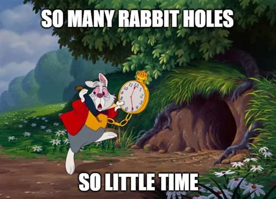 A cartoon rabbit running with a clock in front of a holeAI-generated content may be incorrect.