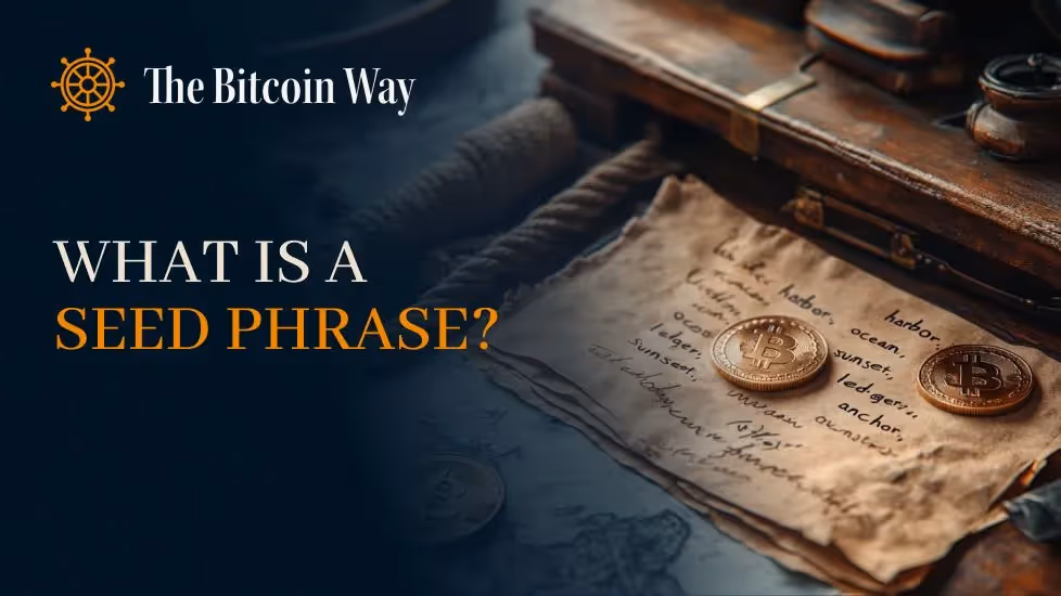 Old parchment with handwritten seed phrase words and Bitcoin coins, alongside the text What is a Seed Phrase? from The Bitcoin Way.