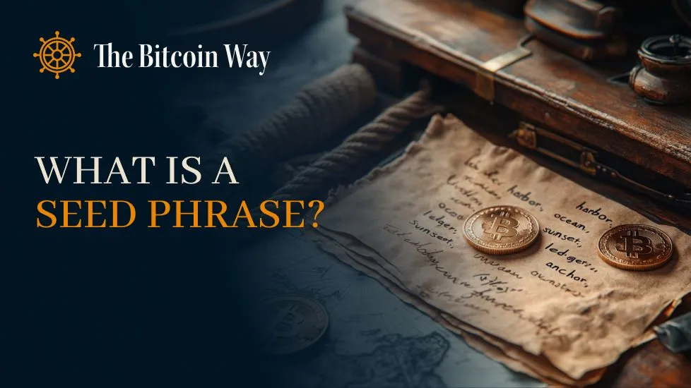 Old parchment with handwritten seed phrase words and Bitcoin coins, alongside the text What is a Seed Phrase? from The Bitcoin Way.