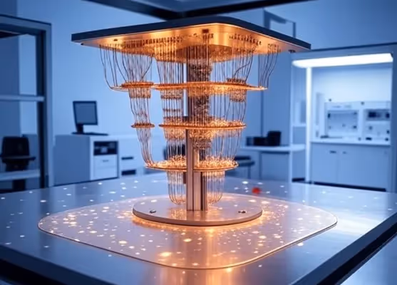 Quantum computer system in a laboratory environment with illuminated wiring and a futuristic design.