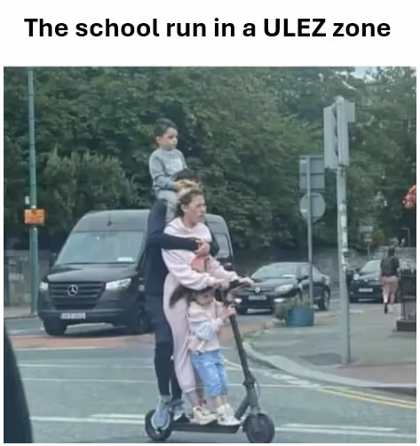 A person riding a scooter with two children on itAI-generated content may be incorrect.