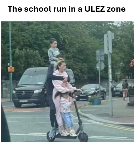 A person riding a scooter with two children on itAI-generated content may be incorrect.
