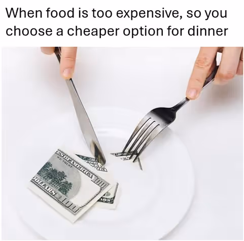 A person holding a fork and knife to cut a dollar billAI-generated content may be incorrect.