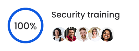 100% completion indicated by blue circle next to text 'Security training' with five diverse smiling faces below.
