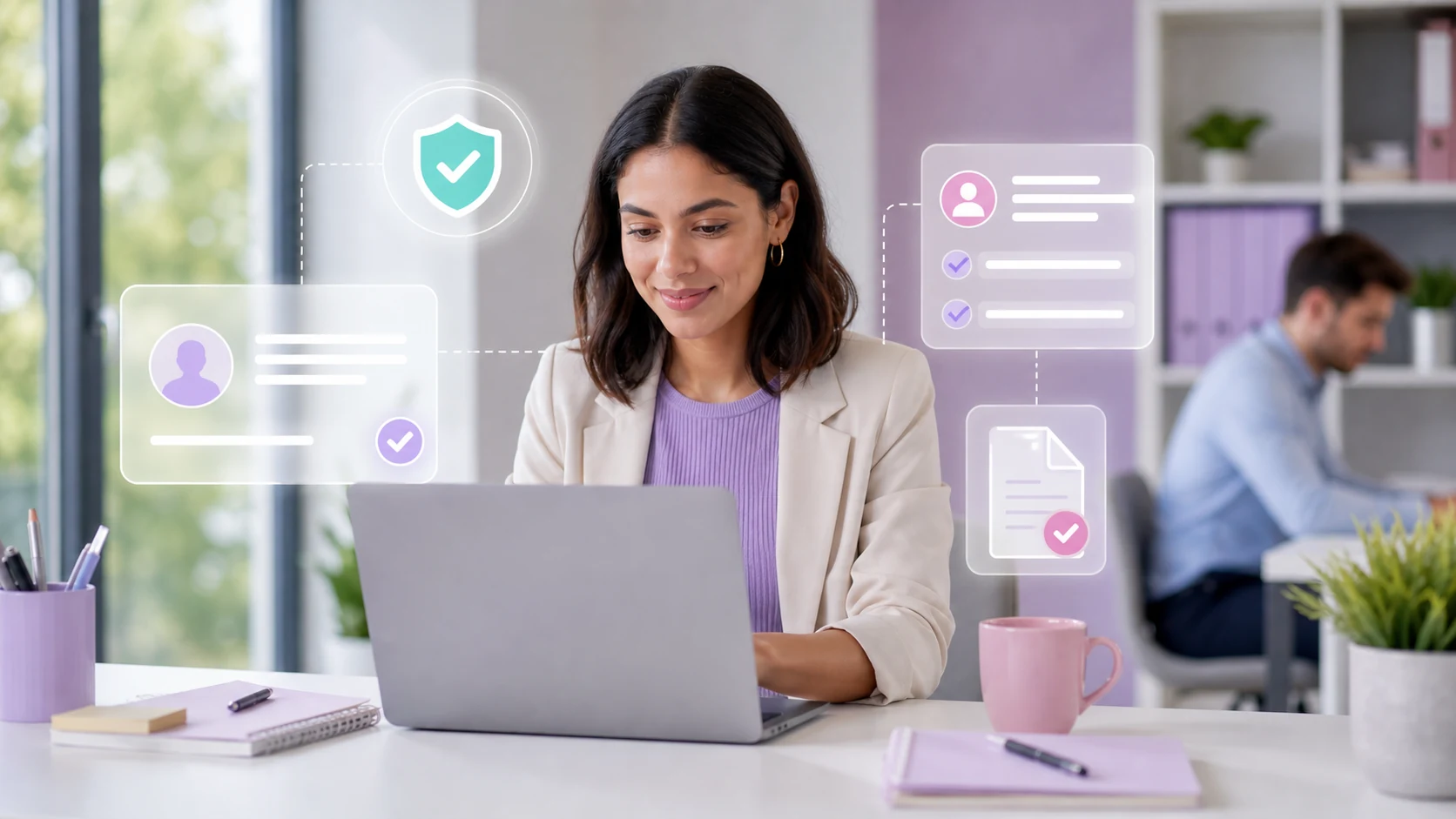 Employer reviewing DBS check details on a laptop, with verification status icons.