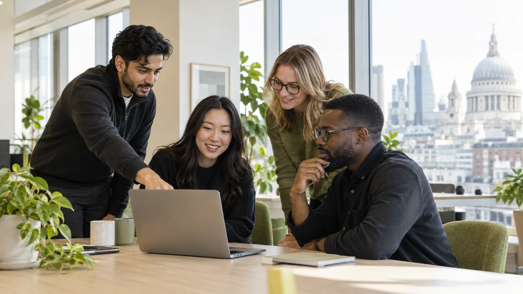 Illustration of colleagues working together around a laptop