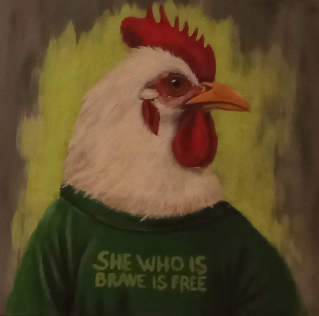 A painting of a hen in a T-shirt