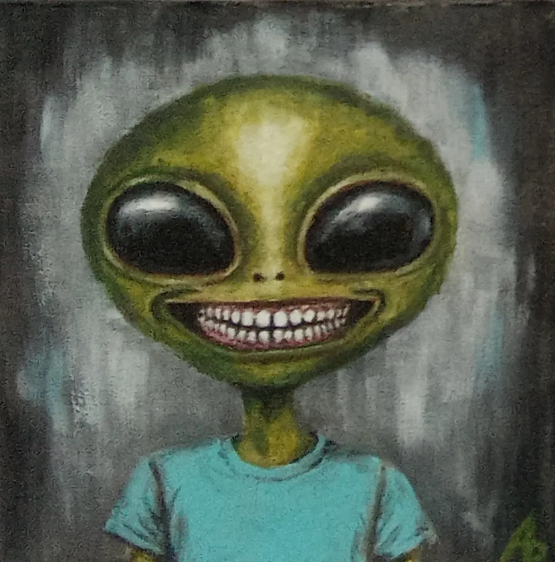 a painting of a smiling alien