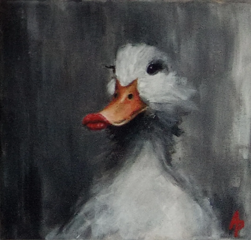 a painting of a goose with a pouty mouth with lipstick